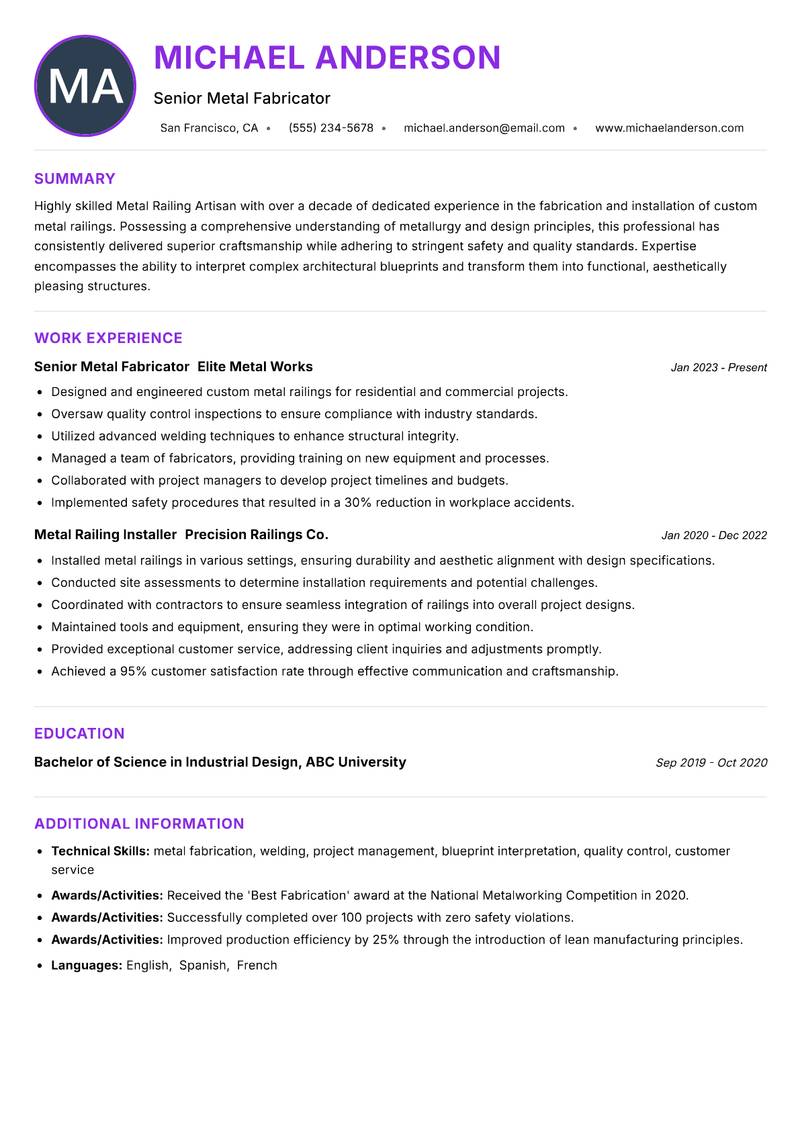 Metal Railing Artisan Resume Preview Example