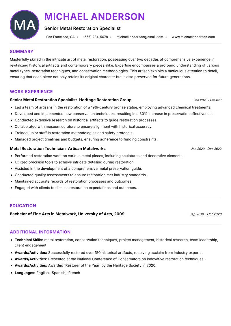 Metal Restoration Artisan Resume Preview Example