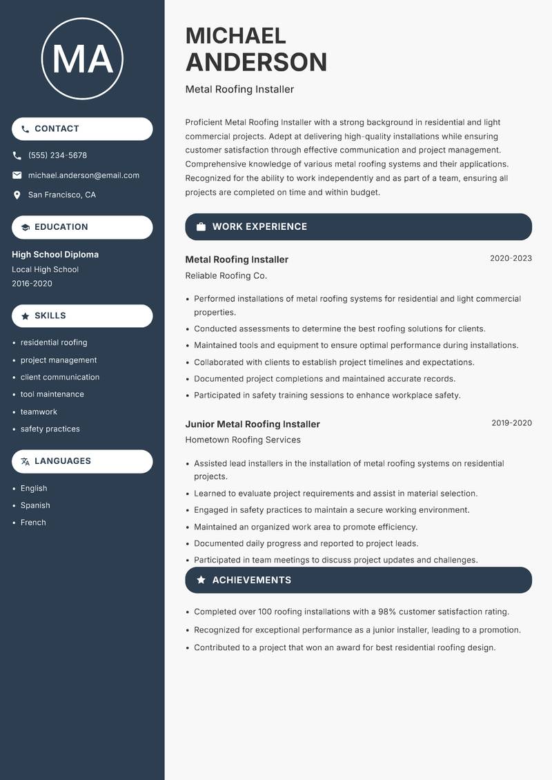 Metal Roofing Installer Resume Preview Example