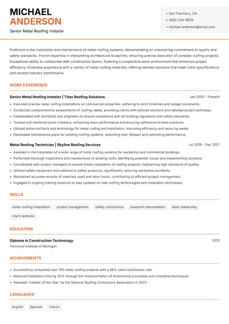 Metal Roofing Installer Resume Template