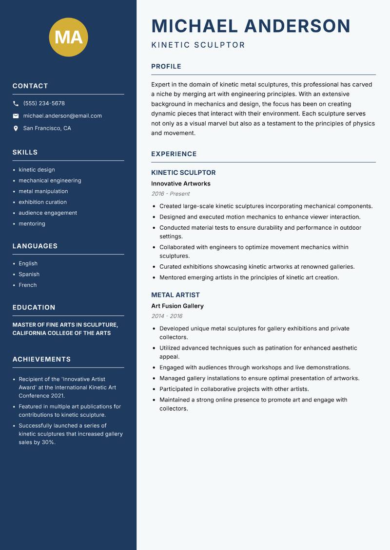 Metal Sculptor Resume Preview Example