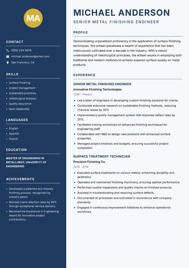 Metal Surface Finishing Artisan Resume Preview Example