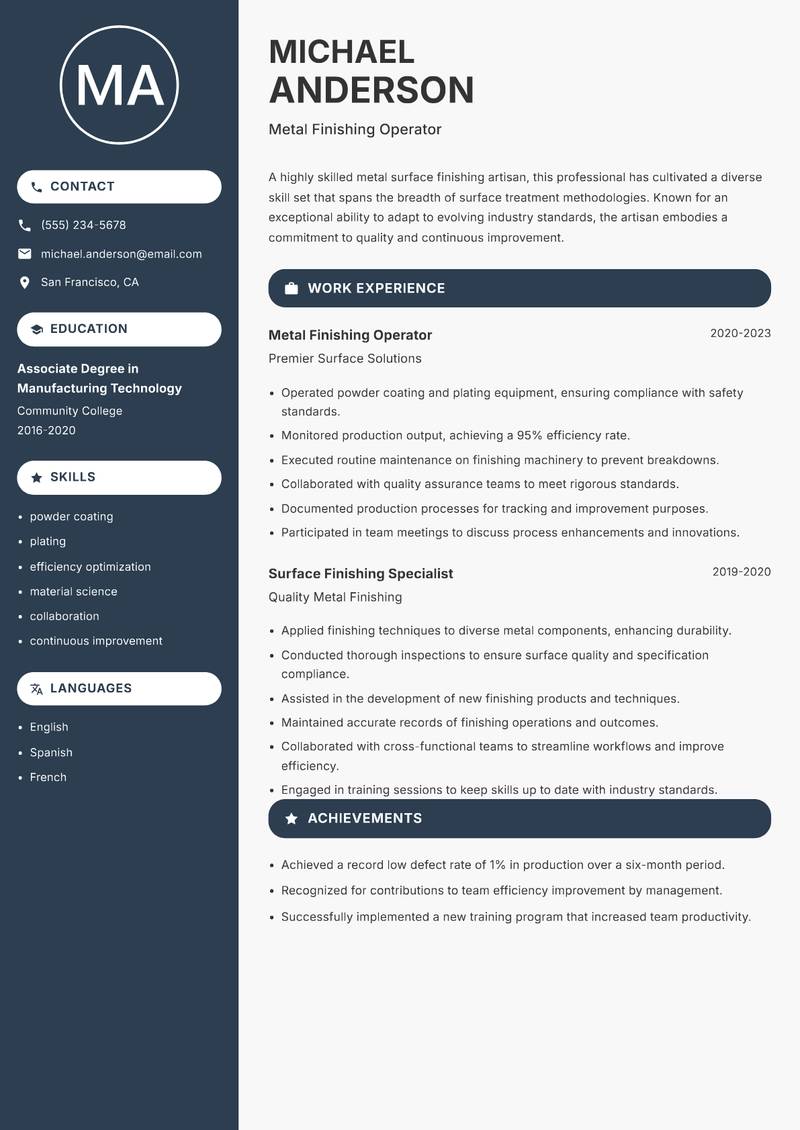 Metal Surface Finishing Artisan Resume Preview Example
