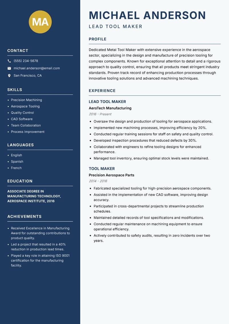 Metal Tool Maker Resume Preview Example