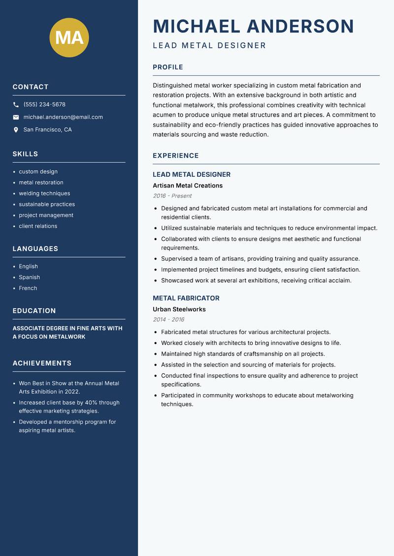 Metal Worker Resume Preview Example