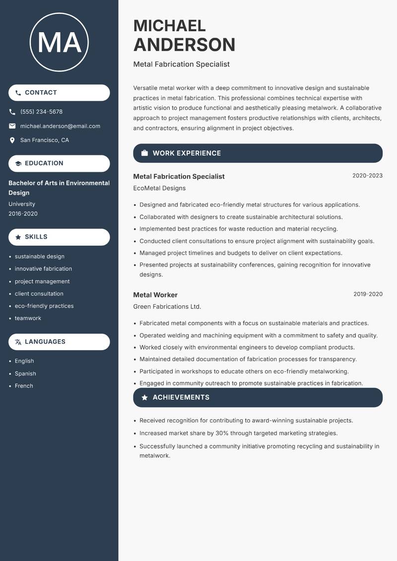 Metal Worker Resume Preview Example