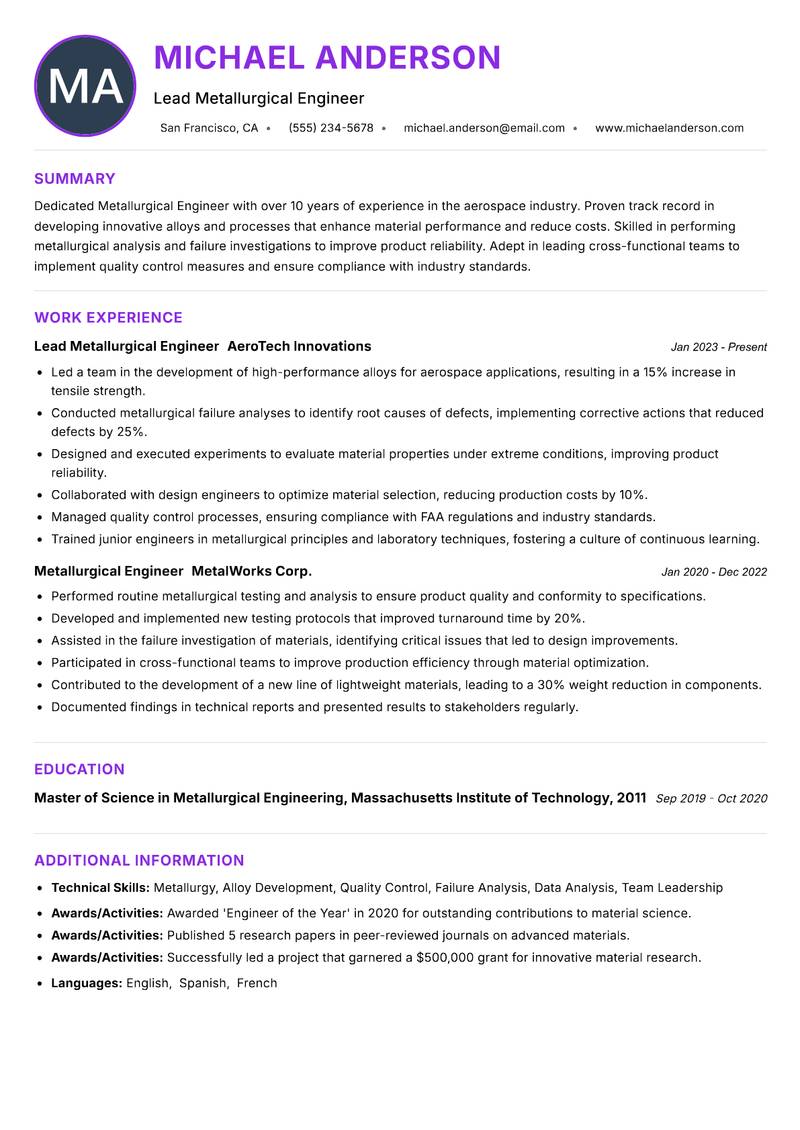 Metallurgical Engineer Resume Preview Example