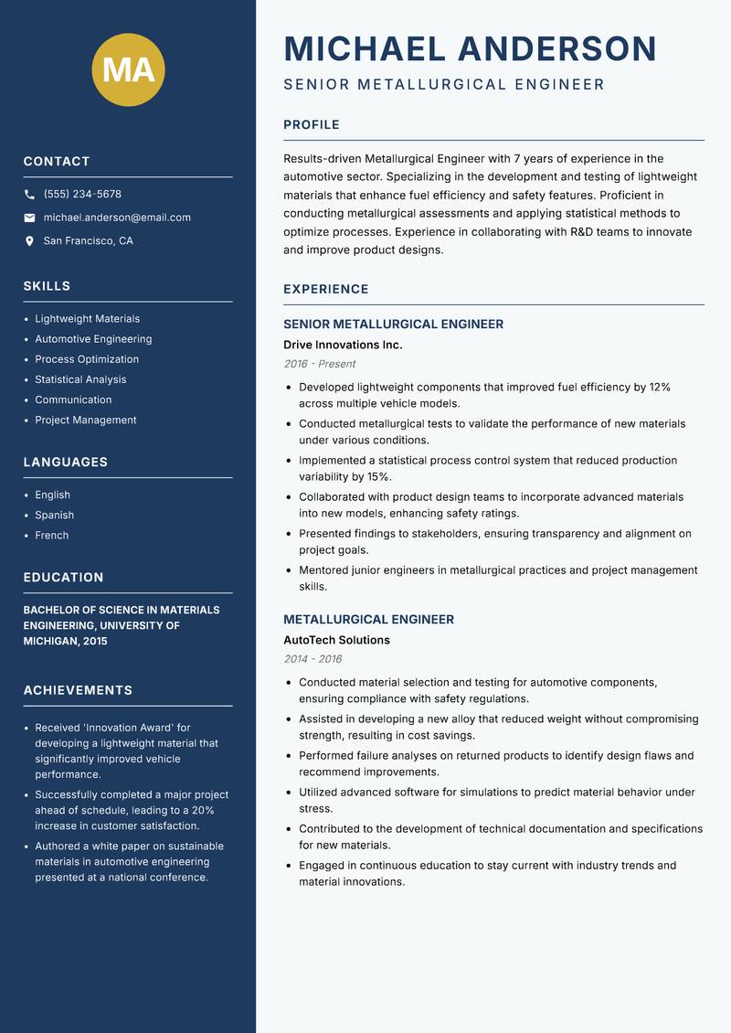 Metallurgical Engineer Resume Preview Example