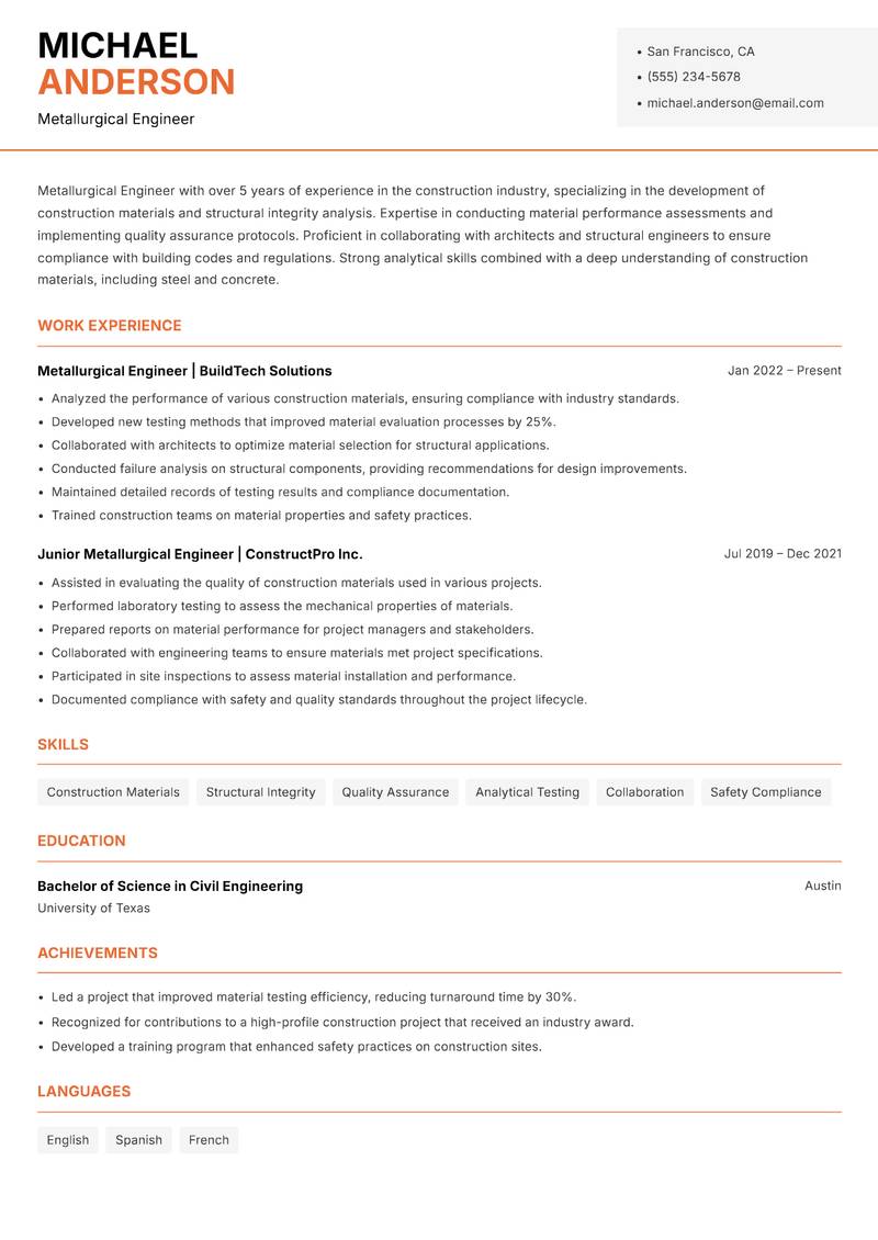 Metallurgical Engineer Resume Template