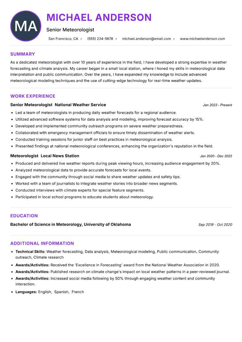 Meteorologist Resume Preview Example