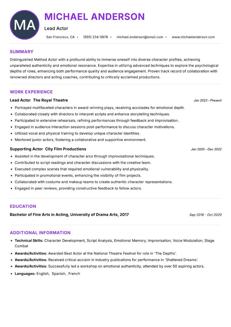 Method Actor Resume Preview Example