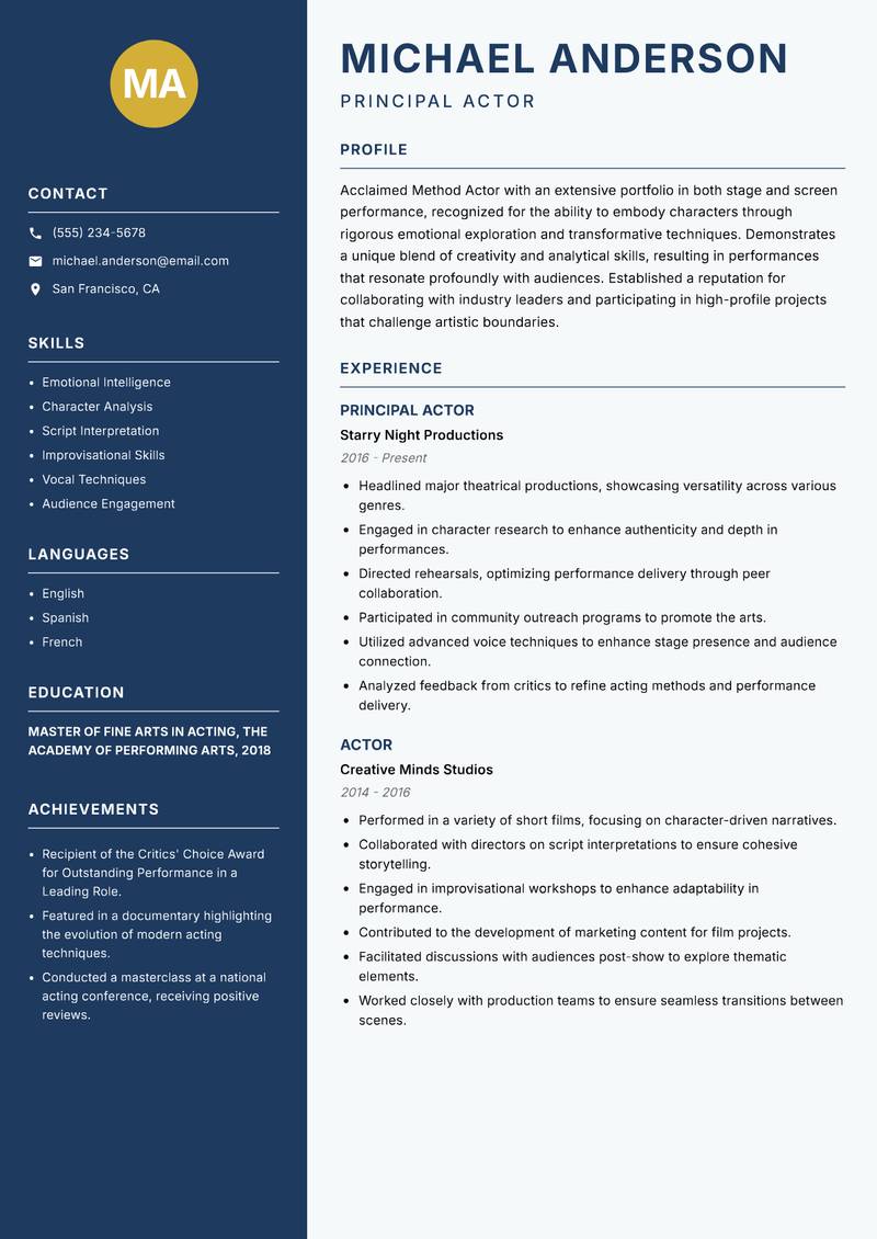 Method Actor Resume Preview Example