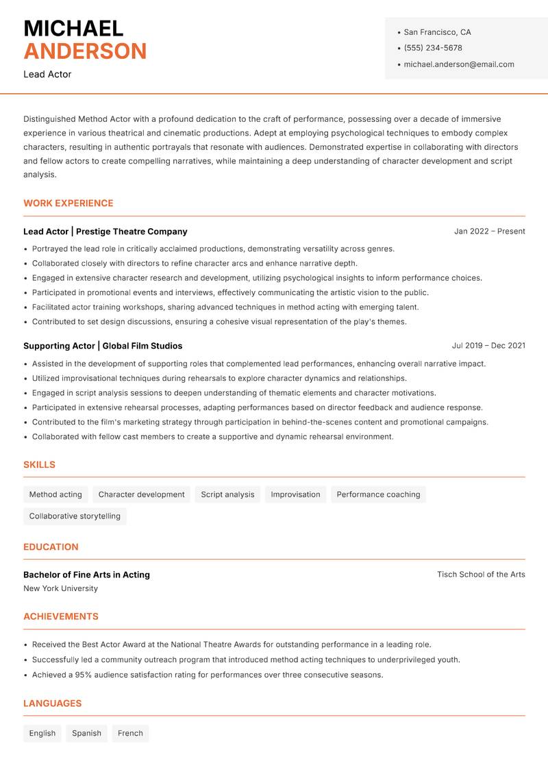 Method Actor Resume Template