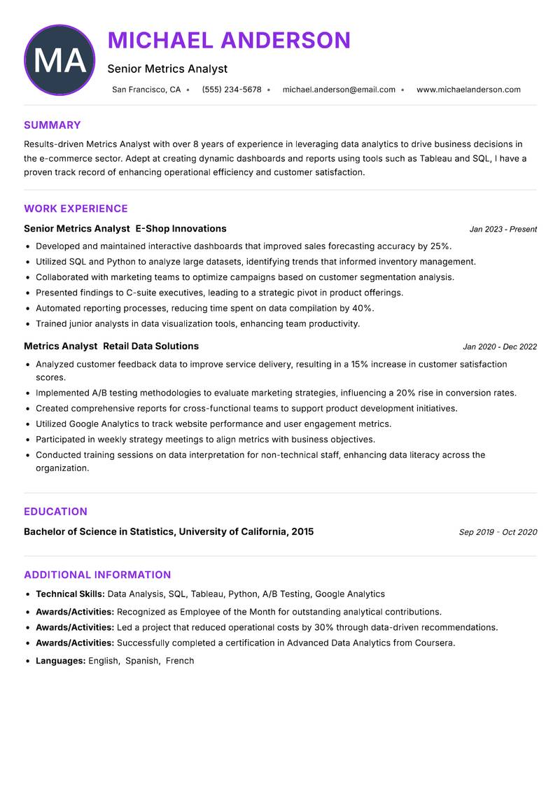 Metrics Analyst Resume Preview Example