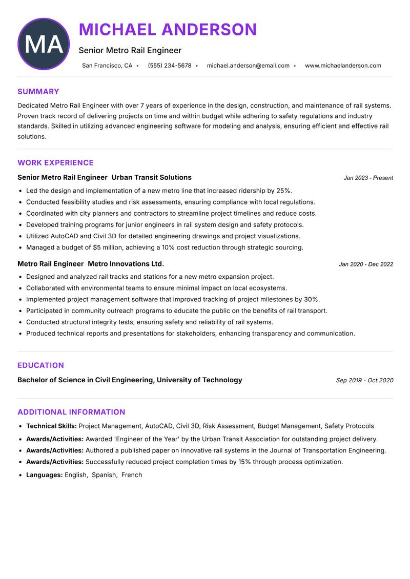 Metro Rail Engineer Resume Preview Example