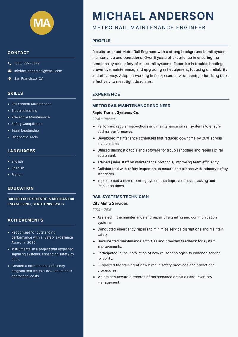 Metro Rail Engineer Resume Preview Example