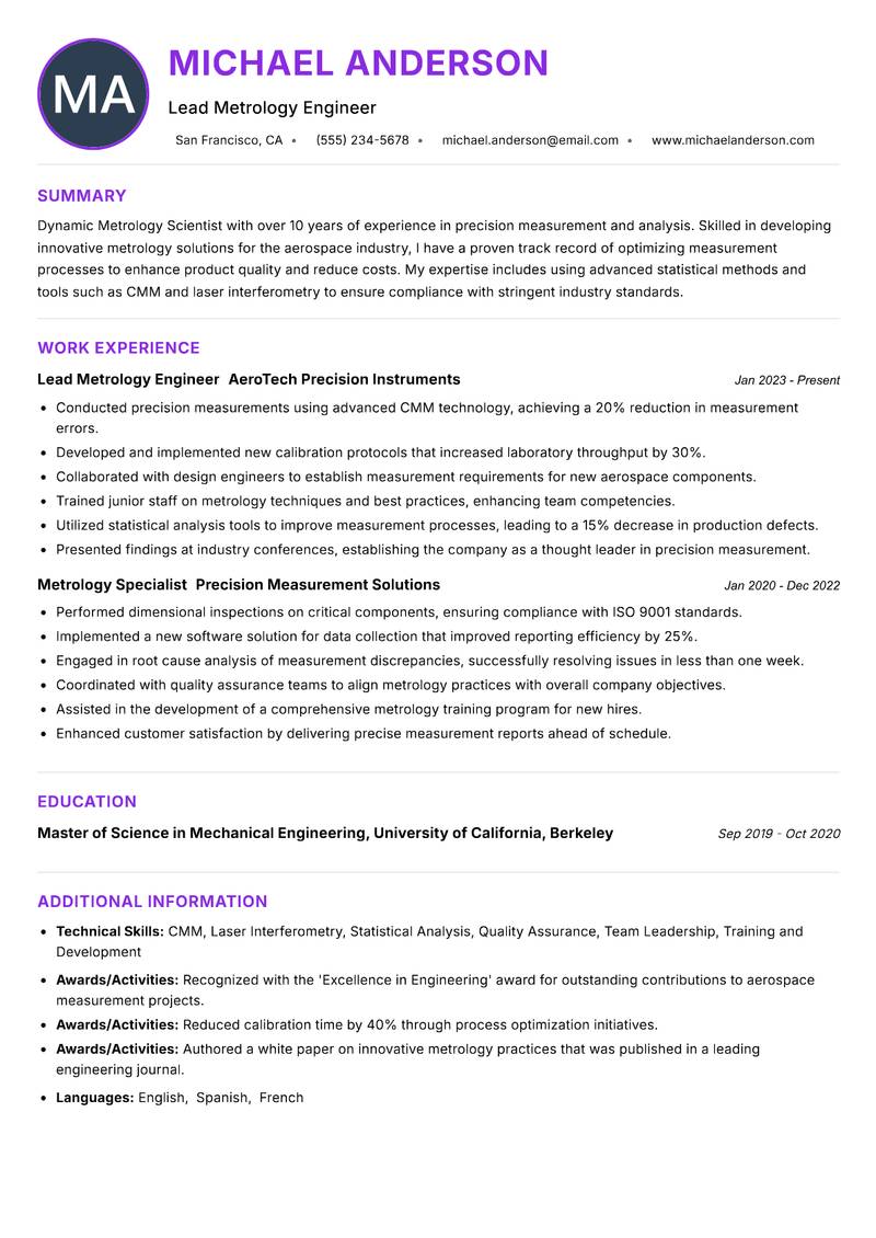 Metrology Scientist Resume Preview Example