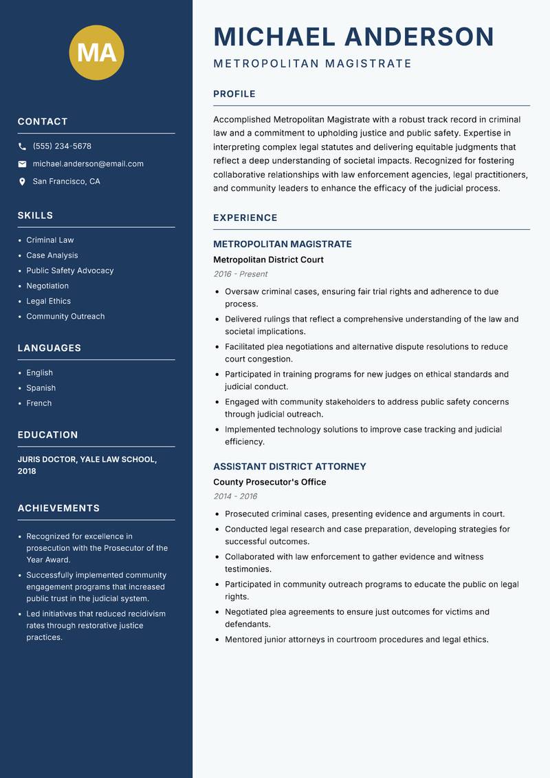 Metropolitan Magistrate Resume Preview Example