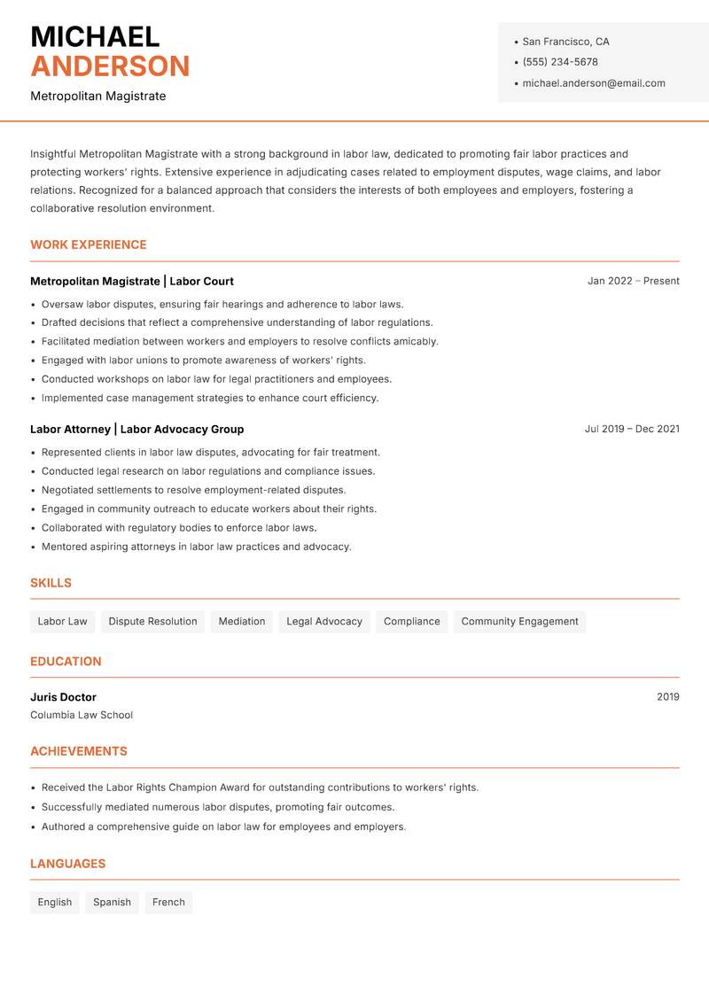 Metropolitan Magistrate Resume Template