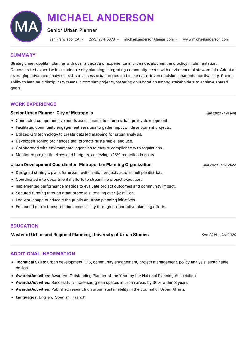 Metropolitan Planner Resume Preview Example