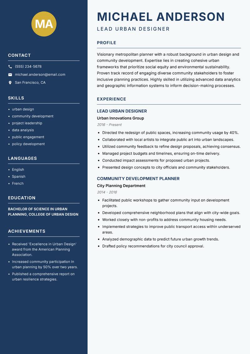 Metropolitan Planner Resume Preview Example