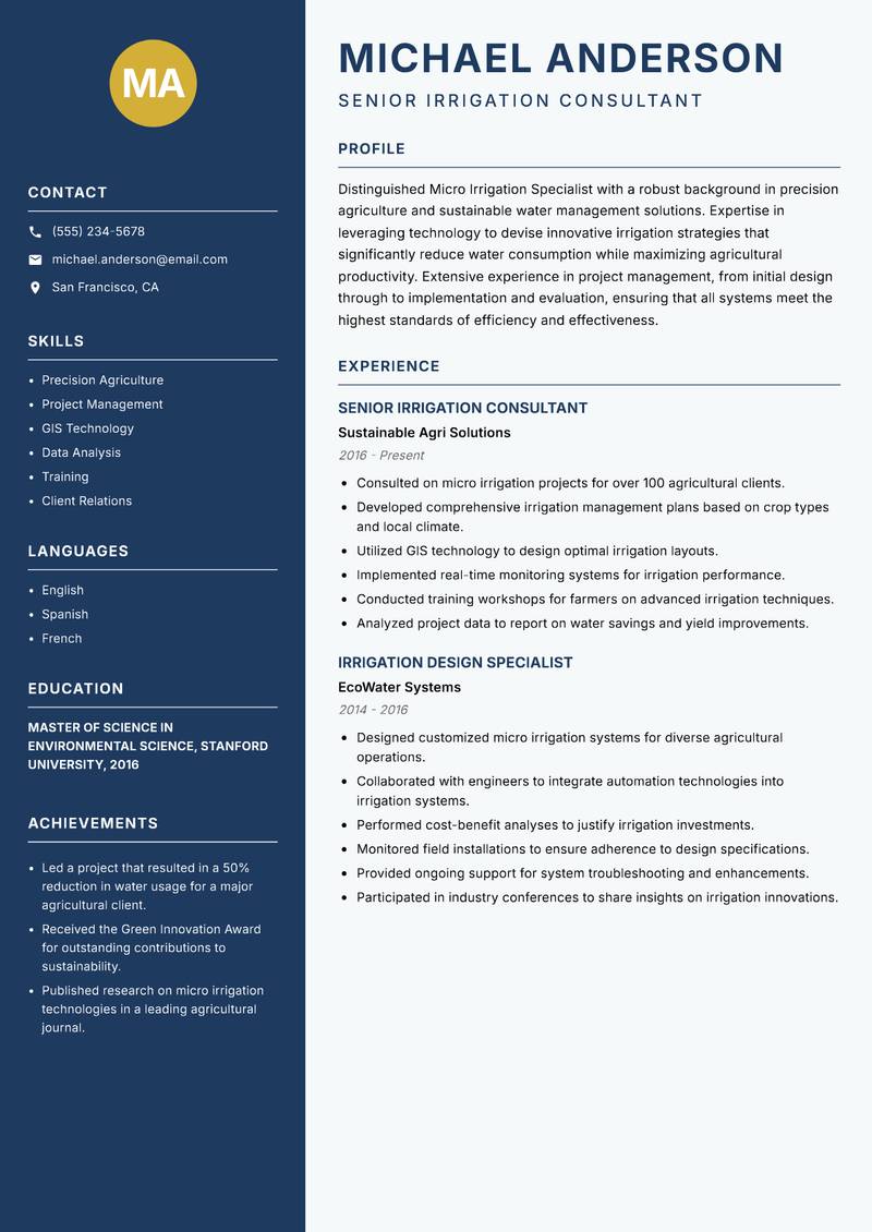 Micro Irrigation Specialist Resume Preview Example