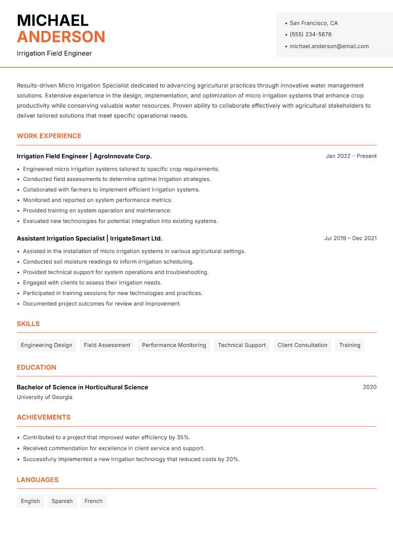 Micro Irrigation Specialist Resume Template