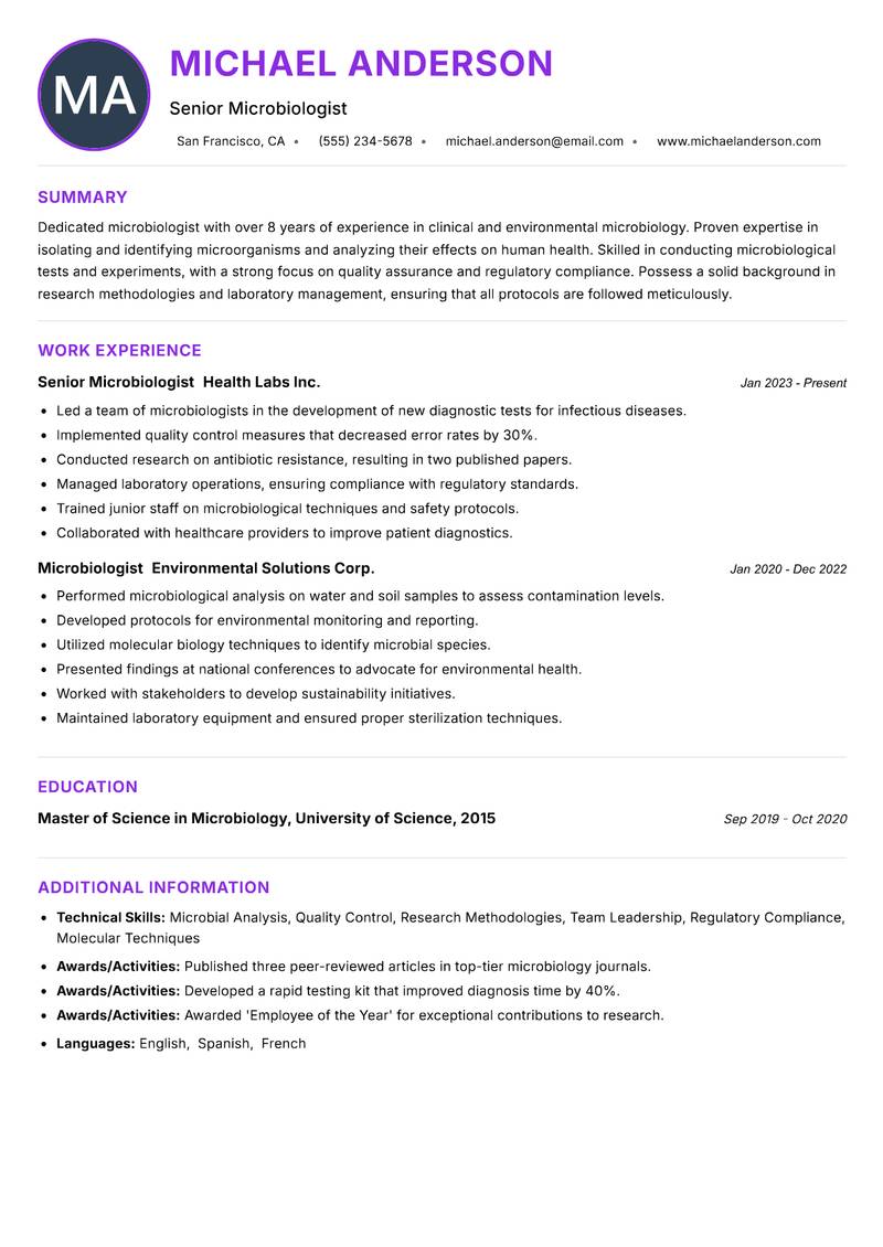 Microbiologist Resume Preview Example