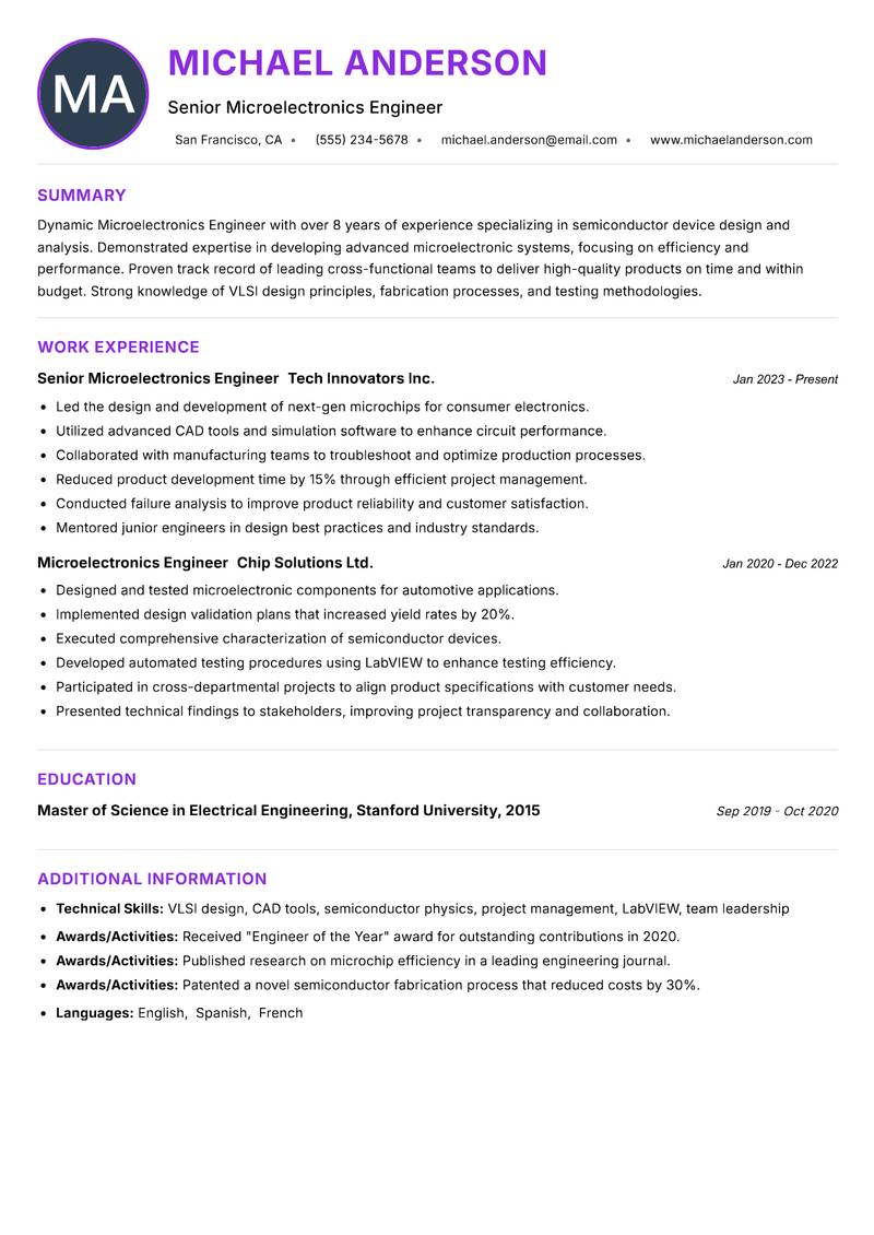 Microelectronics Engineer Resume Preview Example