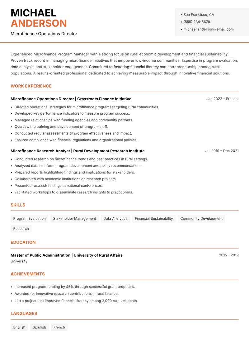 Microfinance Program Manager Rural Resume Template