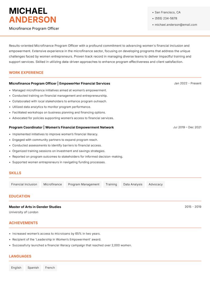 Microfinance Program Officer Women Resume Template