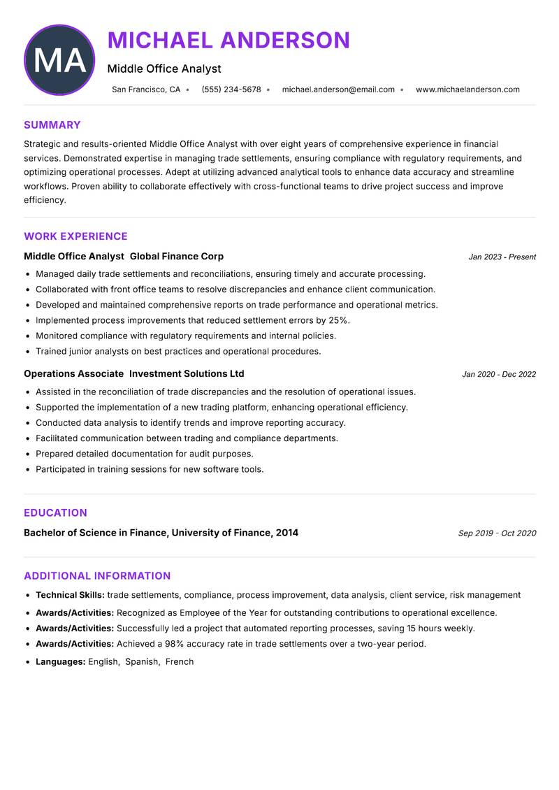 Middle Office Analyst Resume Preview Example