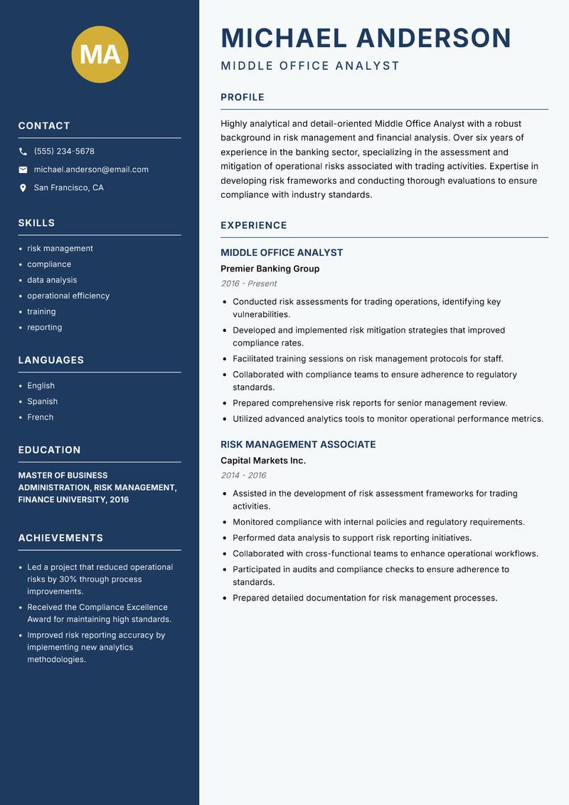 Middle Office Analyst Resume Preview Example