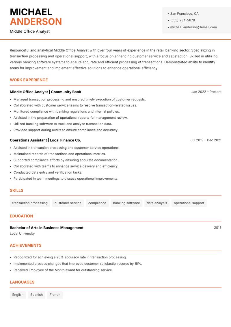 Middle Office Analyst Resume Template