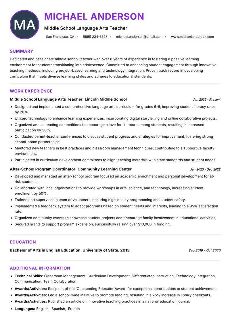 Middle School Teacher Resume Preview Example