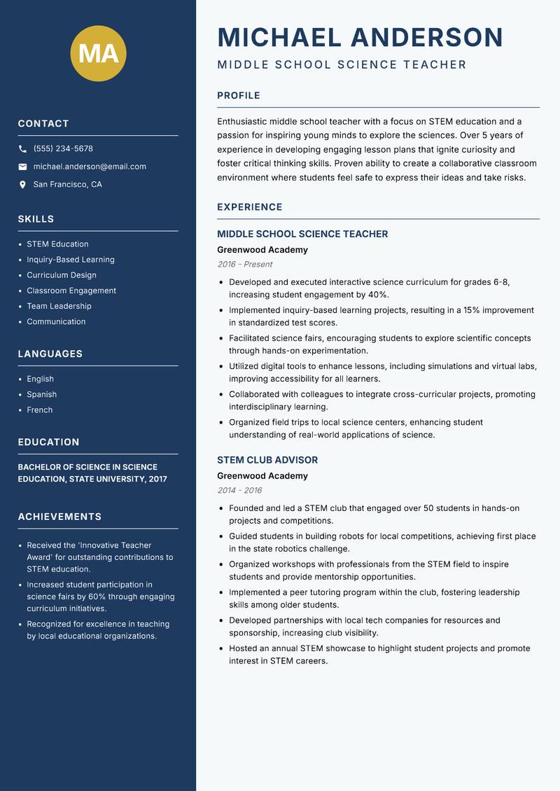 Middle School Teacher Resume Preview Example