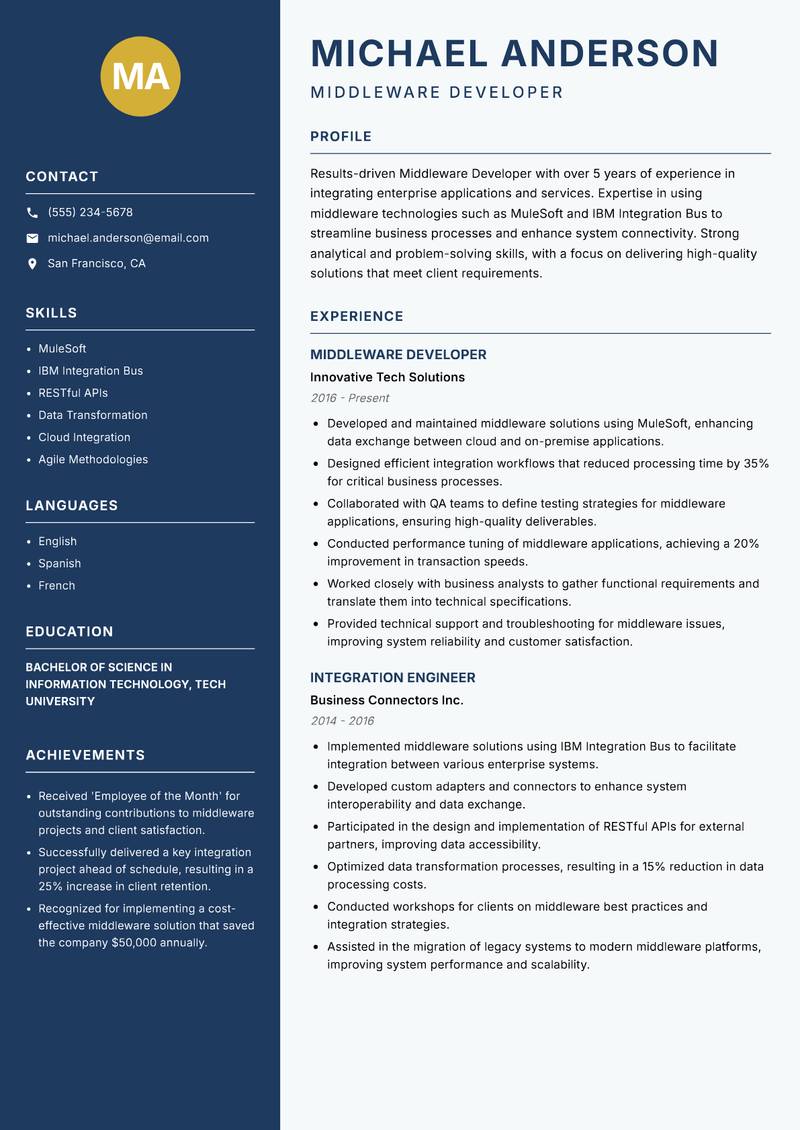 Middleware Developer Resume Preview Example