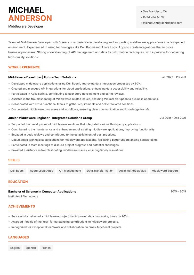 Middleware Developer Resume Template