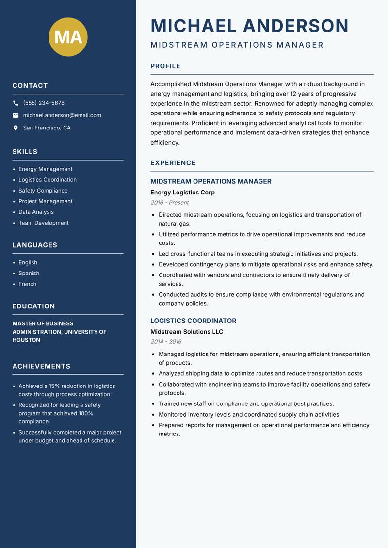 Midstream Operations Manager Resume Preview Example