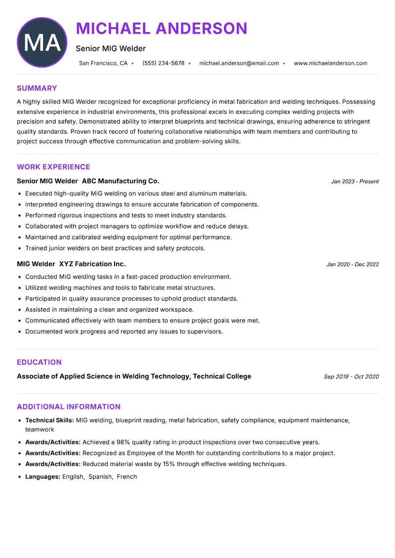 MIG Welder Resume Preview Example