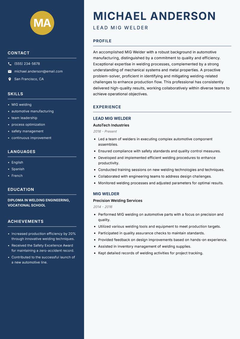 MIG Welder Resume Preview Example