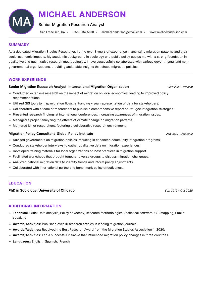 Migration Studies Researcher Resume Preview Example