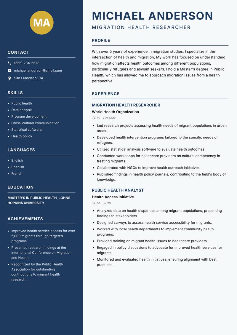 Migration Studies Researcher Resume Preview Example