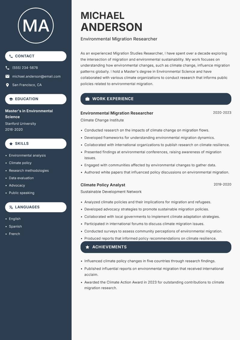 Migration Studies Researcher Resume Preview Example