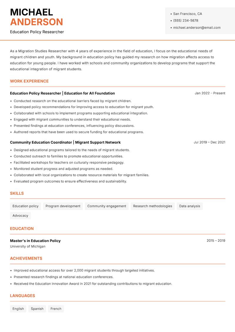 Migration Studies Researcher Resume Template