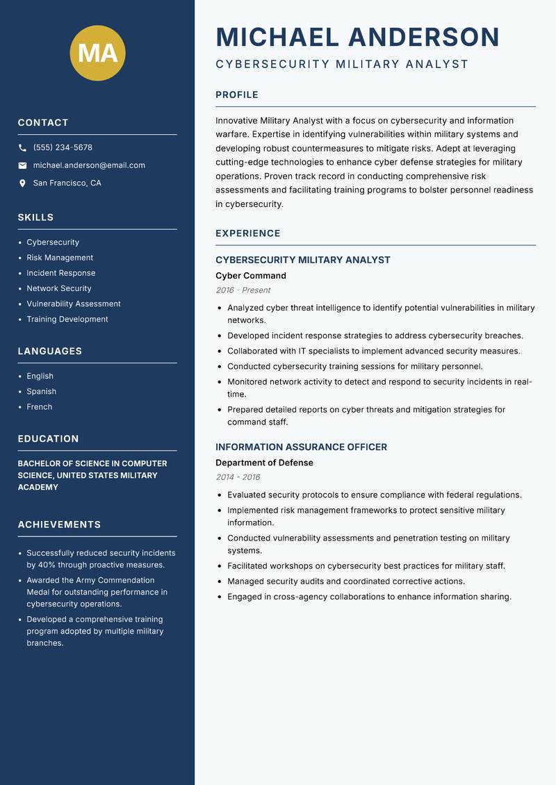 Military Analyst Resume Preview Example