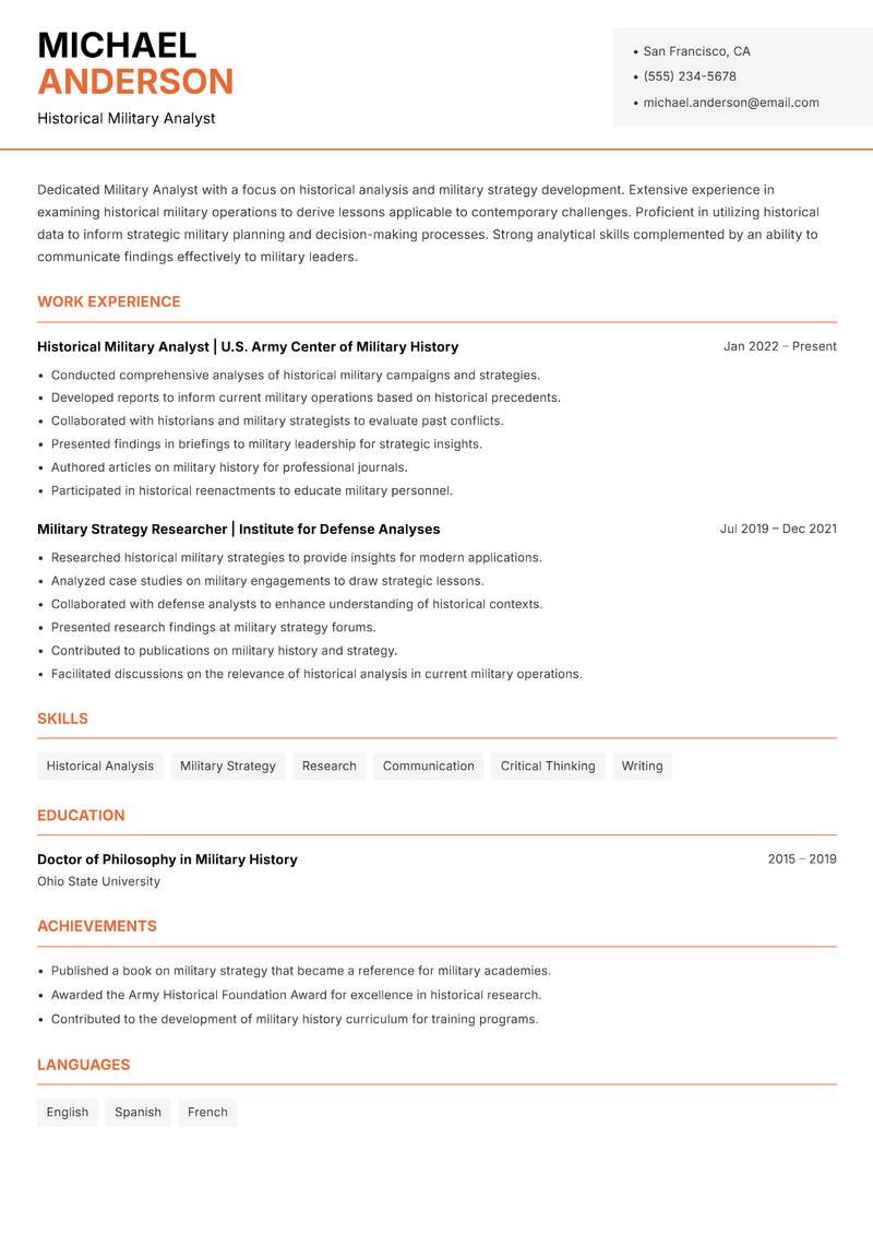 Military Analyst Resume Template
