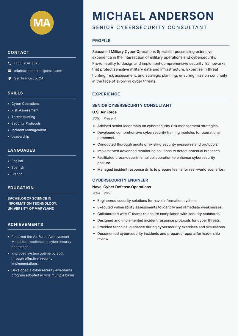 Military Cyber Operations Specialist Resume Preview Example