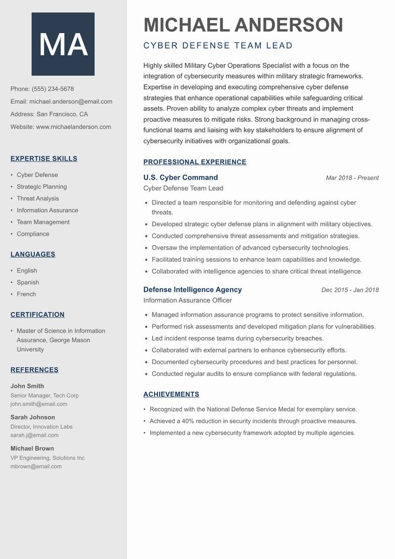 Military Cyber Operations Specialist Resume Preview Example