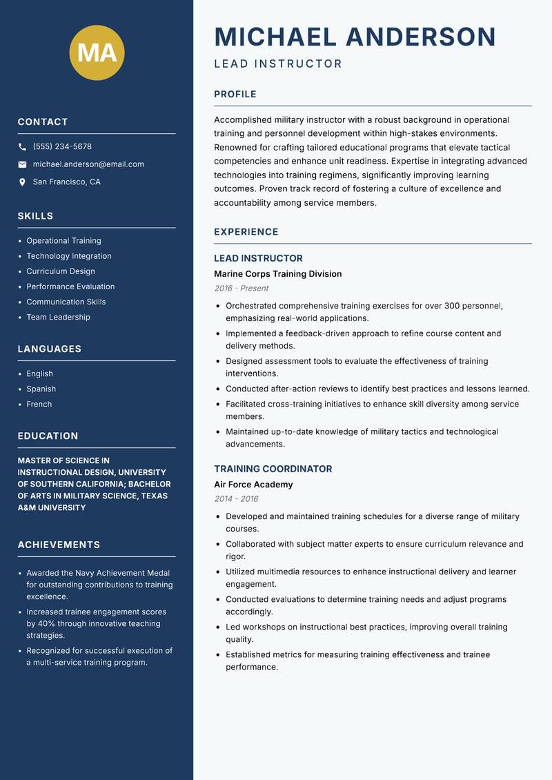 Military Instructor Resume Preview Example